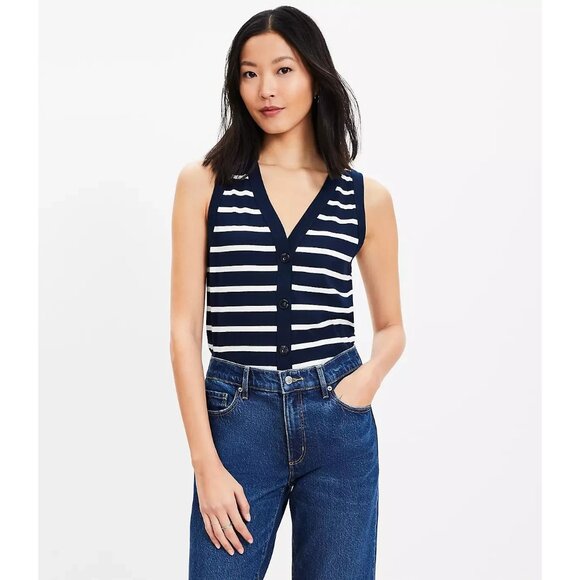 Ann Taylor LOFT Womens Medium Striped V-Neck Cardigan Tank Top Blue $59 2025 - Picture 1 of 10